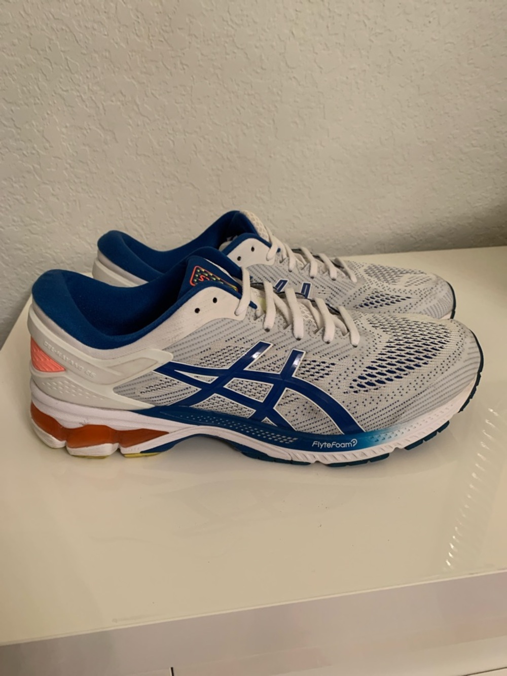 Asics Gel Kayano 26 White & Blue Men's Running Shoes with Orange Accents Size 13